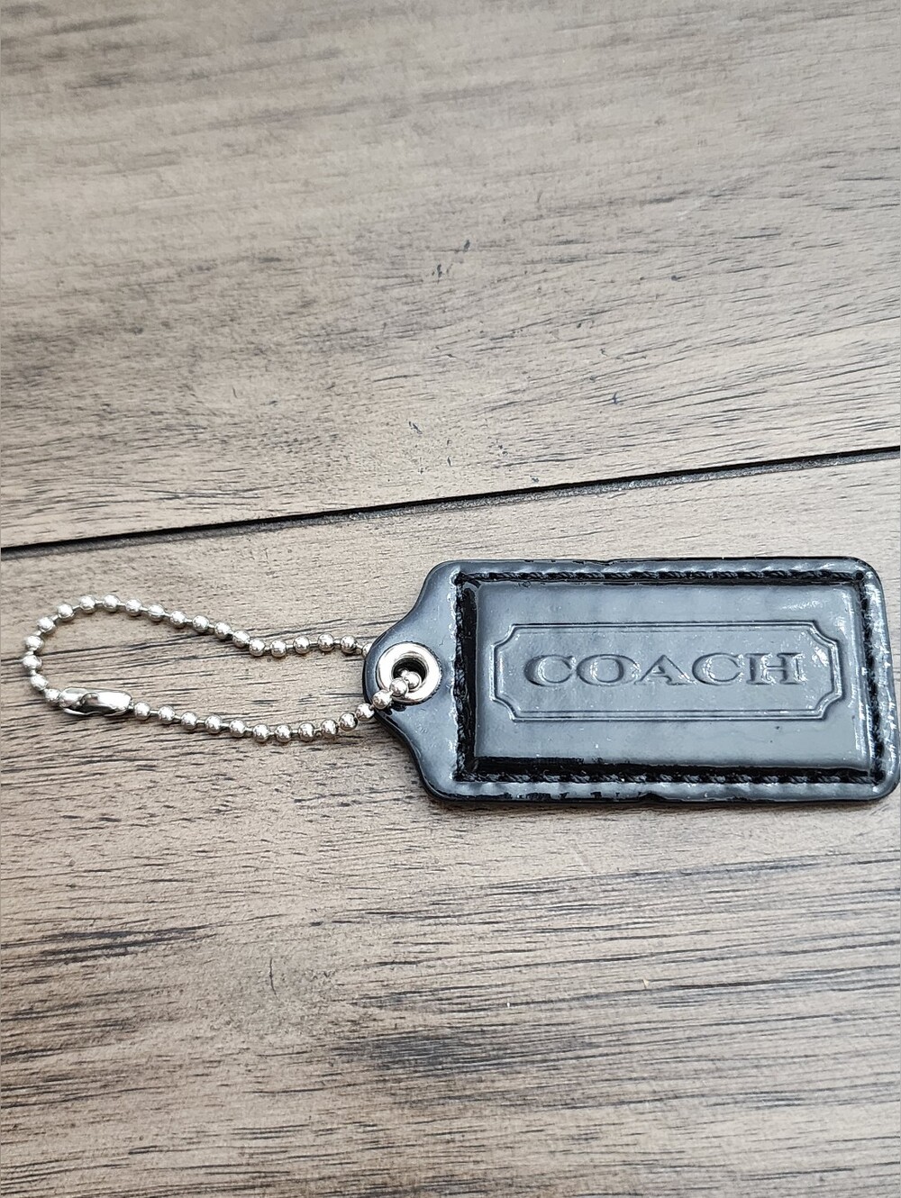 Coach Black Patent Leather Embossed Logo Hang Tag with Silver Ball Chain